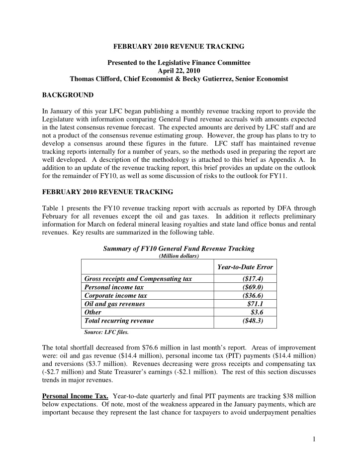 february 2010 revenue tracking presented to the