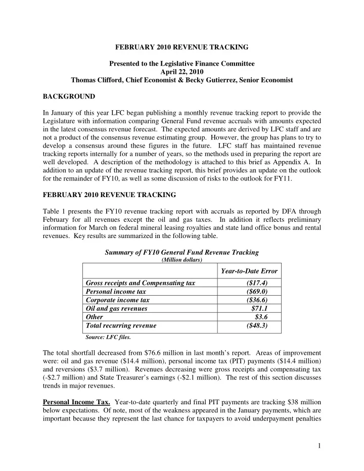 february 2010 revenue tracking presented to the