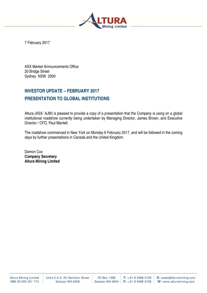 investor update february 2017 presentation to global