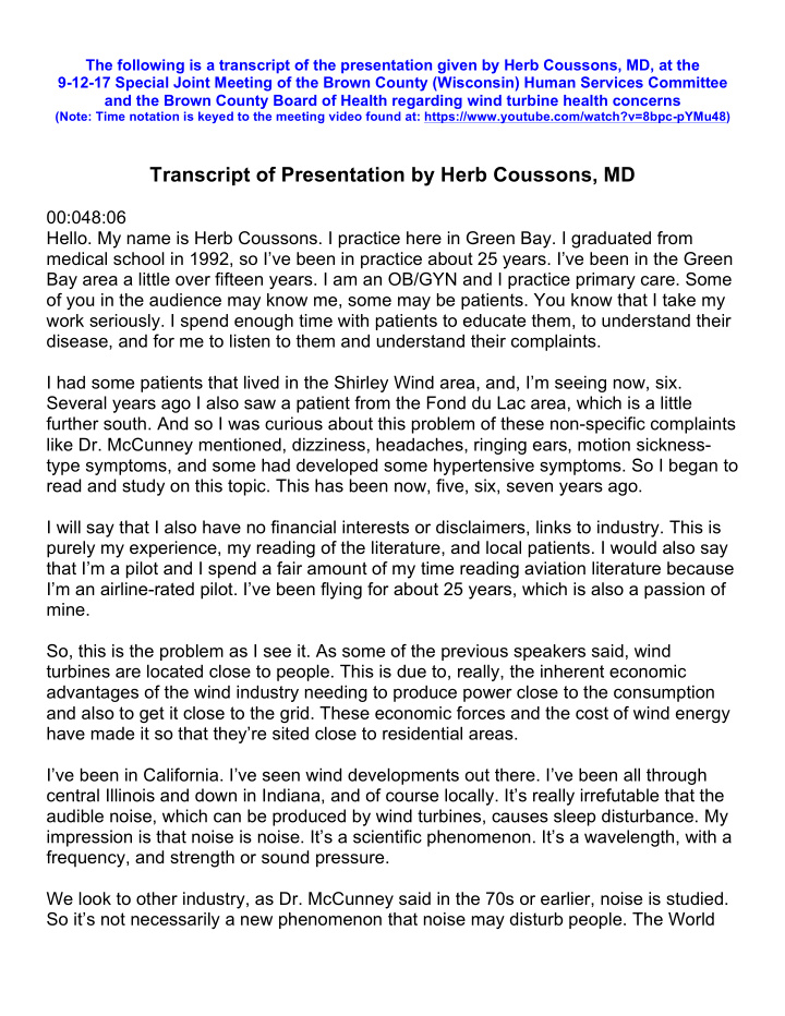 transcript of presentation by herb coussons md