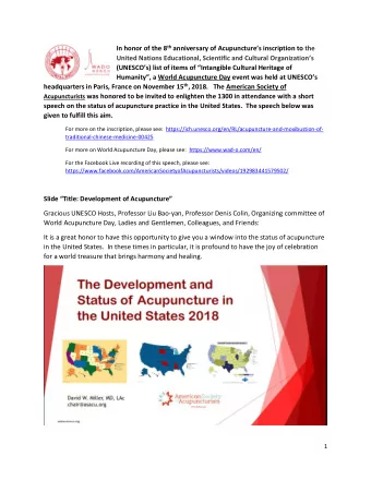 In honor of the 8 th anniversary of Acupuncture  s inscription to the United Nations