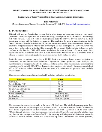 O CTOBER 2009  N IAGARA - ON - THE L AKE I NADEQUACY OF W IND T URBINE N OISE R EGULATIONS AND