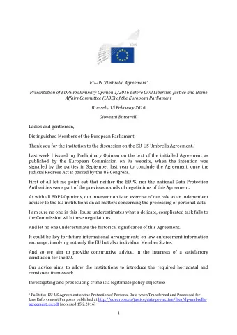 EU-US &quot;Umbrella Agreement&quot;  Presentation of EDPS Preliminary Opinion 1/2016 before Civil