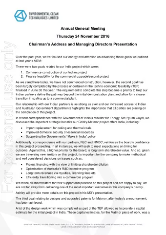 For personal use only Chairmans Address and Managing Directors Presentation  Over the past year,