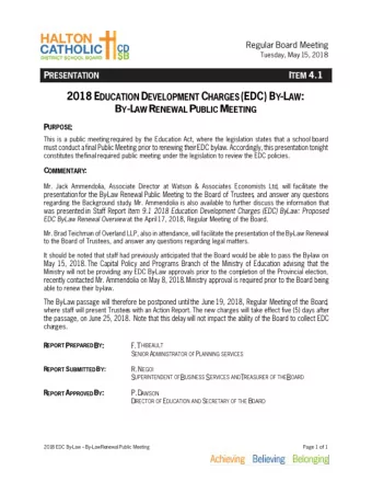 Halton Catholic District  School Board  Education Development Charge  Public Meeting  May 15, 2018