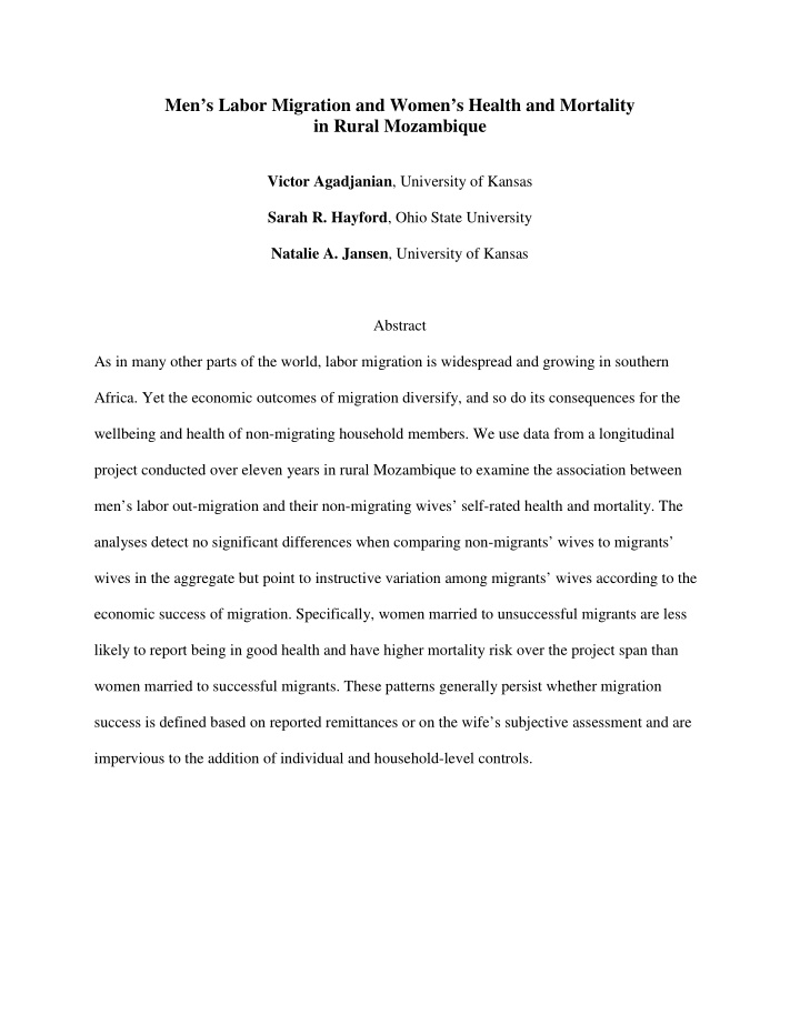 men s labor migration and women s health and mortality in