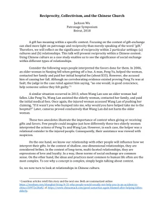 Reciprocity, Collectivism, and the Chinese Church  Jackson Wu  Patronage Symposium  Beirut, 2018  A