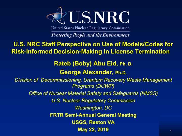u s nrc staff perspective on use of models codes for risk