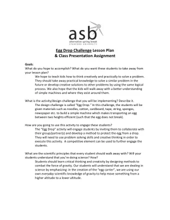 Egg Drop Challenge Lesson Plan &amp; Class Presentation Assignment Goals :  What do you hope to