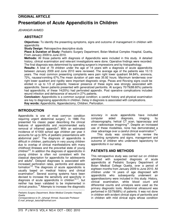 presentation of acute appendicitis in children