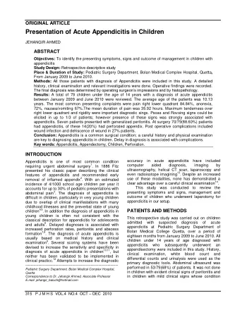 Presentation of Acute Appendicitis in Children  JEHANGIR AHMED  ABSTRACT Objectives: To identify