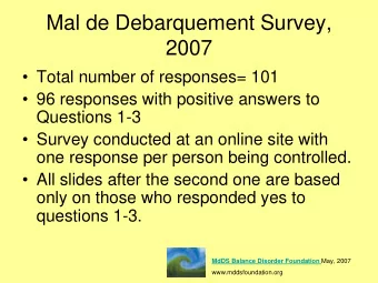Mal de Debarquement Survey,  2007   Total number of responses= 101   96 responses with