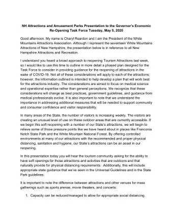 NH Attractions and Amusement Parks Presentation to the Governors Economic  Re-Opening Task Force