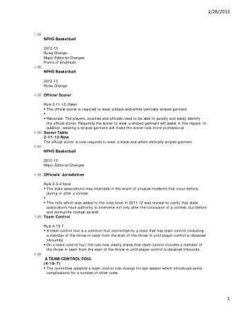 1/28/2013  1  NFHS Basketball  2012-13  Rules Change  Major Editorial Changes  Points of Emphasis