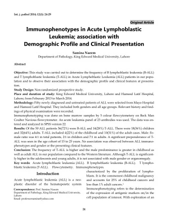 Immunophenotypes in Acute Lymphoblastic  Leukemia; association with  Demographic Profile and