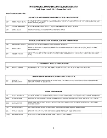 INTERNATIONAL CONFERENCE ON ENVIRONMENT 2010  Park Royal Hotel, 13-15 December 2010  List of Poster