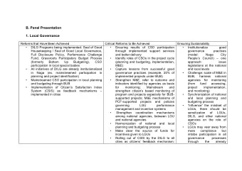 B. Panel Presentation  1. Local Governance  Reforms that Have Been Achieved  Critical Reforms to Be