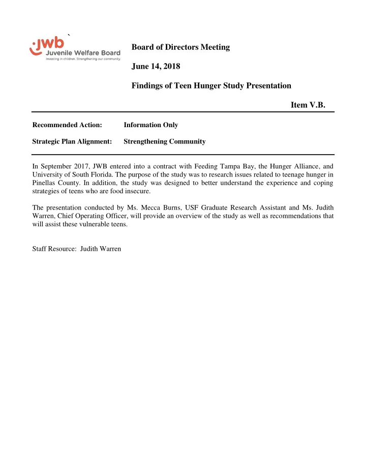 board of directors meeting june 14 2018 findings of teen