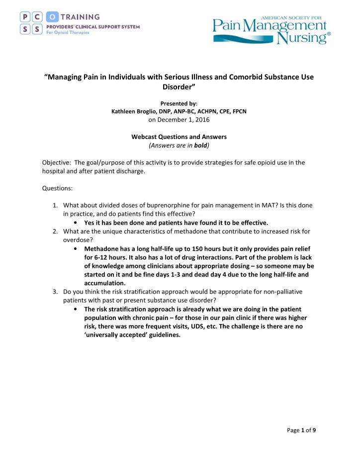 managing pain in individuals with serious illness and