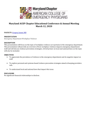 Maryland ACEP Chapter Educational Conference &amp; Annual Meeting  March 12, 2020 FACULTY: Gregory