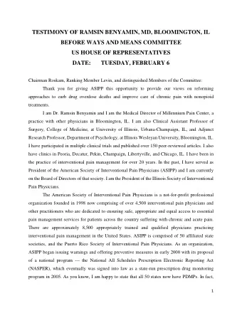 TESTIMONY OF RAMSIN BENYAMIN, MD, BLOOMINGTON, IL  BEFORE WAYS AND MEANS COMMITTEE  US HOUSE OF