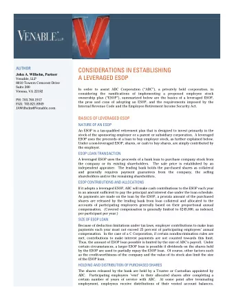 AUTHOR  CONSIDERATIONS IN ESTABLISHING  John A. Wilhelm, Partner  A LEVERAGED ESOP  Venable, LLP