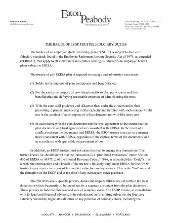 THE BASICS OF ESOP TRUSTEE FIDUCIARY DUTIES  The trustee of an employee stock ownership plan
