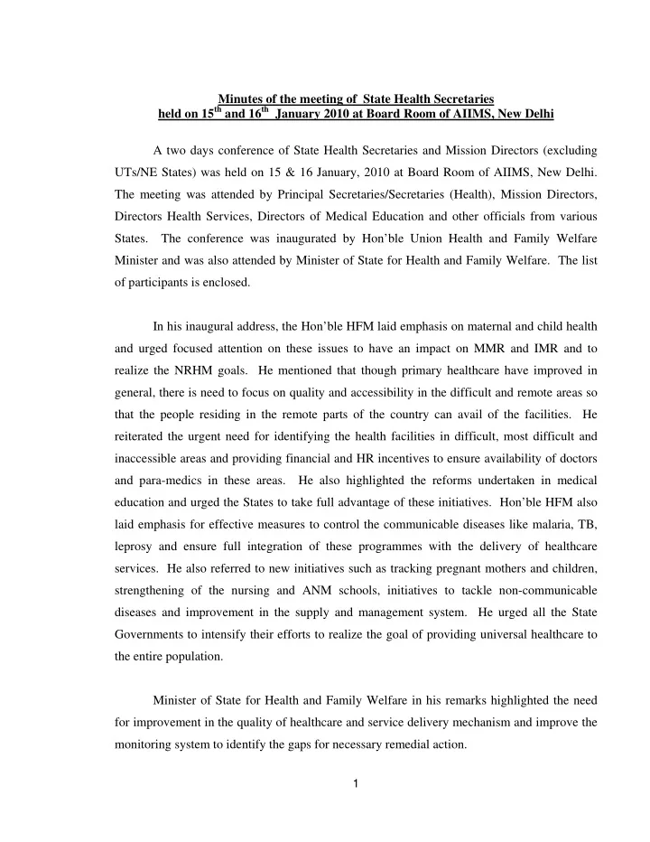 minutes of the meeting of state health secretaries held
