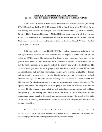 Minutes of the meeting of  State Health Secretaries held on 15 th and 16 th January 2010 at Board