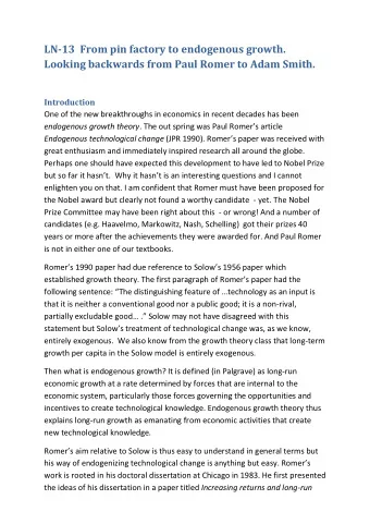LN-13  From pin factory to endogenous growth.  Looking backwards from Paul Romer to Adam Smith.