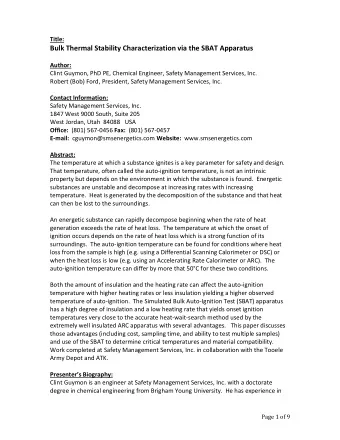 Bulk Thermal Stability Characterization via the SBAT Apparatus  Author:  Clint Guymon, PhD PE,