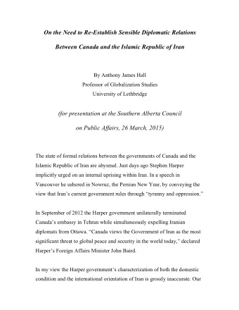 On the Need to Re-Establish Sensible Diplomatic Relations  Between Canada and the Islamic Republic