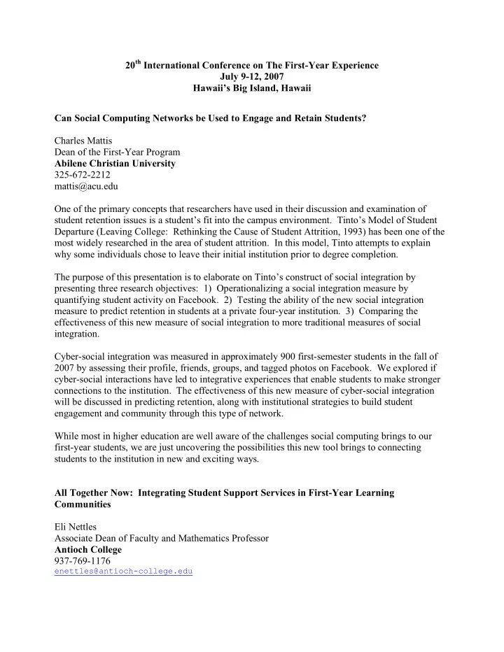 20 th international conference on the first year