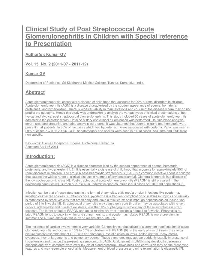 clinical study of post streptococcal acute
