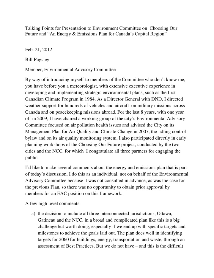talking points for presentation to environment committee