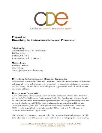 Proposal for:  Diversifying the Environmental Movement Presentation  Submitted by:  Center for