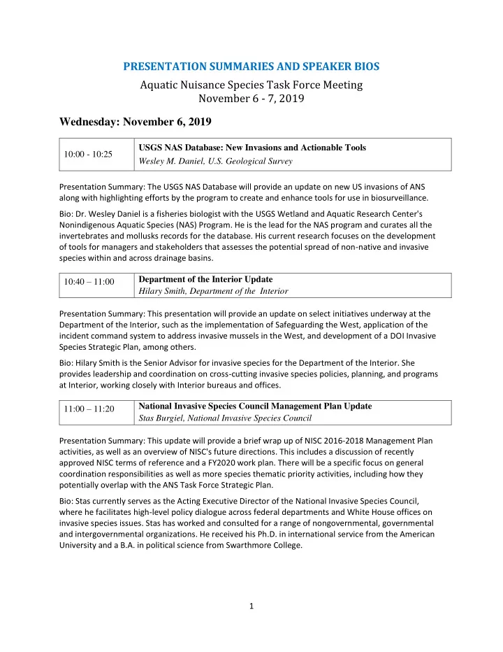 presentation summaries and speaker bios aquatic nuisance