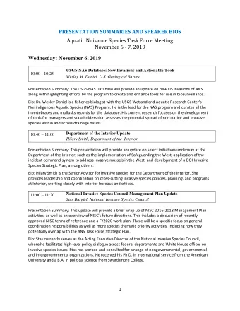 PRESENTATION SUMMARIES AND SPEAKER BIOS  Aquatic Nuisance Species Task Force Meeting  November 6 -