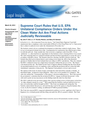 Supreme Court Rules that U.S. EPA  March 22, 2012  Unilateral Compliance Orders Under the  Practice