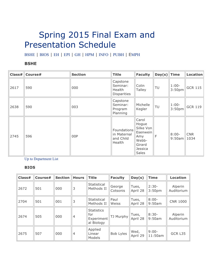 spring 2015 final exam and presentation schedule