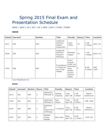 Spring 2015 Final Exam and  Presentation Schedule BSHE | BIOS | EH | EPI | GH | HPM | INFO | PUBH |