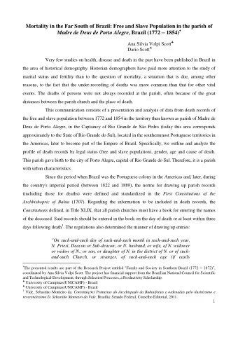 Mortality in the Far South of Brazil: Free and Slave Population in the parish of Madre de Deus de