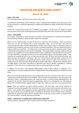 INVESTOR PRESENTATION SCRIPT  March 23, 2020  SLIDE 1 TITLE PAGE  Good morning everyone and thank