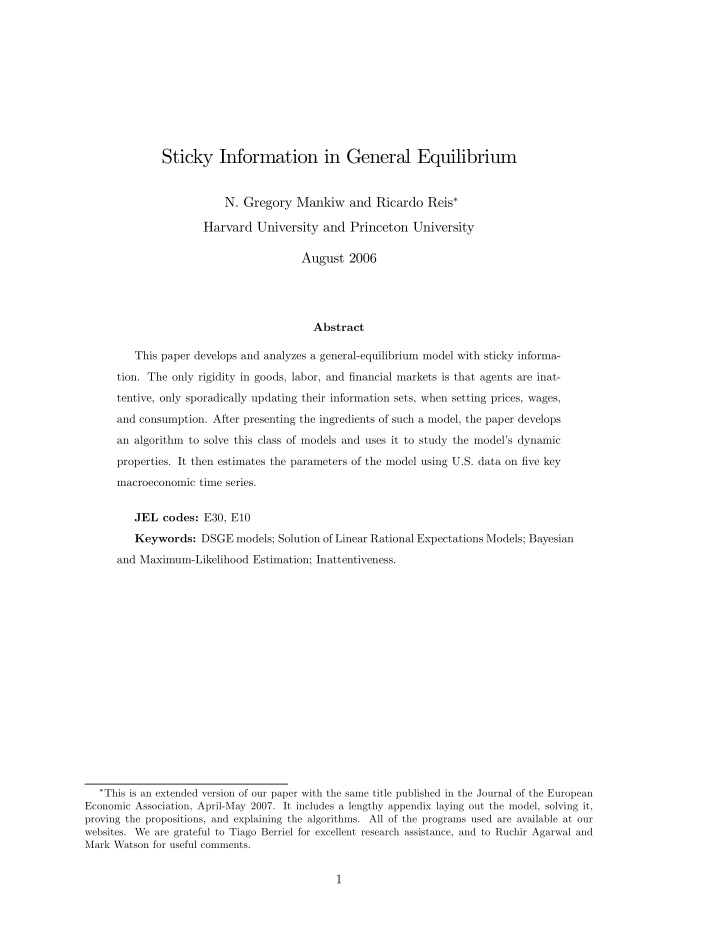 sticky information in general equilibrium