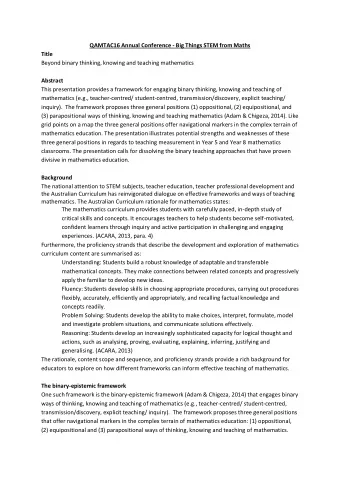 QAMTAC16 Annual Conference - Big Things STEM from Maths  Title  Beyond binary thinking, knowing and