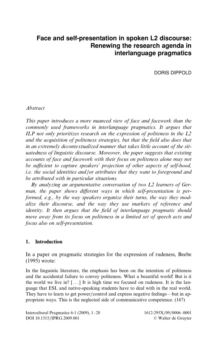 face and self presentation in spoken l2 discourse