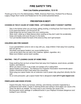 FIRE SAFETY TIPS  from Lisz Katzke presentation, 12-3-19  Thanks go to the U.S. Fire