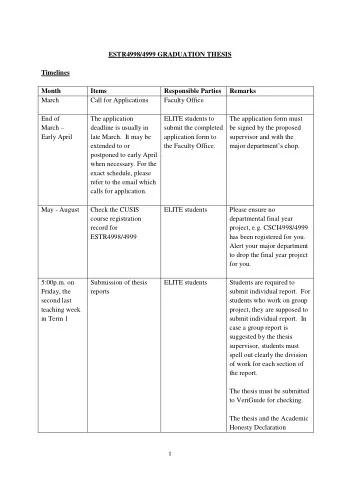 ESTR4998/4999 GRADUATION THESIS  Timelines  Month  Items  Responsible Parties  Remarks  March  Call