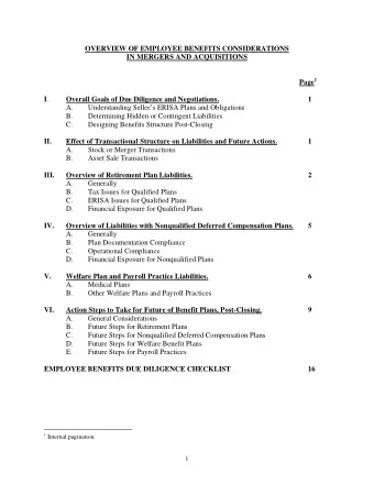 OVERVIEW OF EMPLOYEE BENEFITS CONSIDERATIONS IN MERGERS AND ACQUISITIONS Page 1 I .  Overall Goals