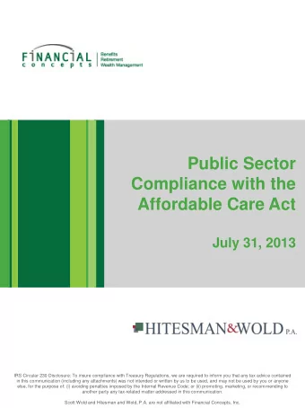 Public Sector  Compliance with the  Affordable Care Act  July 31, 2013  IRS Circular 230